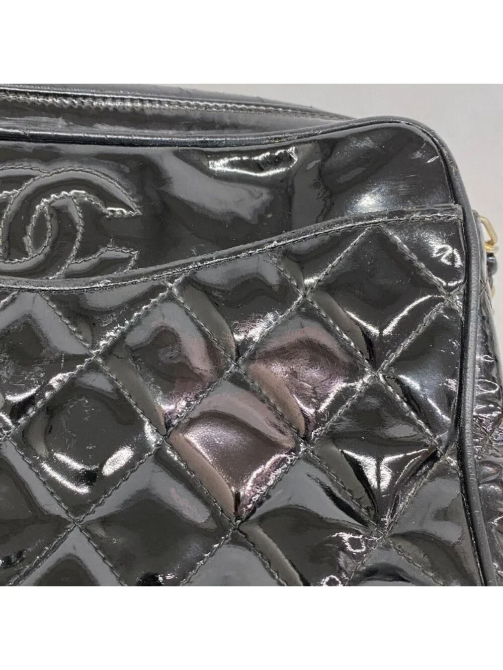 Chanel Shoulder Bag Quilted Patent Leather Black Gold